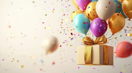 Poster - A close-up of a gift box with a golden ribbon, filled with balloons in vibrant colors, set against a light background with soft gradients and confetti scattered around.