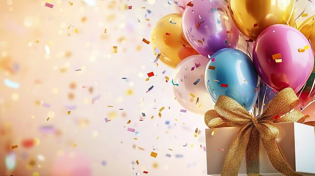 A close-up of a gift box with a golden ribbon, filled with balloons in vibrant colors, set against a light background with soft gradients and confetti scattered around.