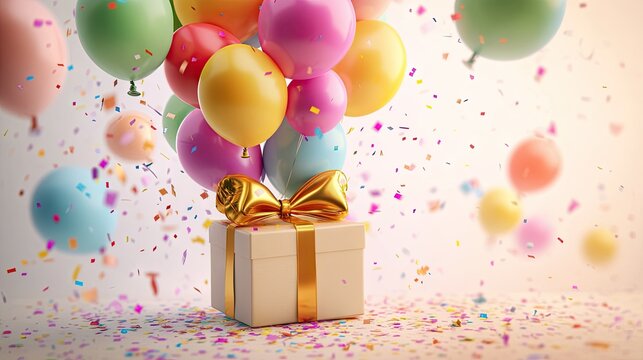 A close-up of a gift box with a golden ribbon, filled with balloons in vibrant colors, set against a light background with soft gradients and confetti scattered around.