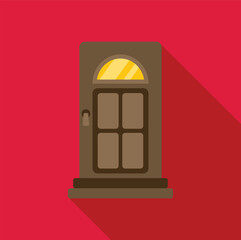 Poster - simple vector illustration of a brown door with a yellow window casting a long shadow on a red backg