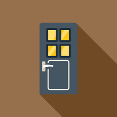 Poster - simple vector illustration of a closed front door with windows, casting a long shadow on a brown bac