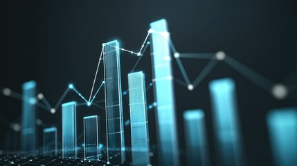 Poster - 3D bar chart with upward and downward bars connected by dotted lines, symbolizing business success and challenges. Room for business message or text.