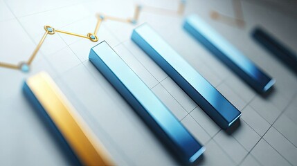 Poster - 3D bar chart with upward and downward bars connected by dotted lines, symbolizing business success and challenges. Room for business message or text.