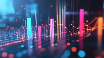Poster - 3D bar chart with upward and downward bars connected by dotted lines, symbolizing business success and challenges. Room for business message or text.