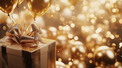 Poster - A luxurious gift box with a large bow, with glossy, gold balloons rising from inside, set against a soft-focus, glowing background, adding a touch of glamour and celebration.