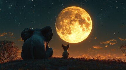 Wall Mural - an elephant and a dog are sitting on a hill and looking at the moon