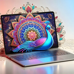 3D Glossy laptop with holographic Diwali lanterns and floating diyas isolated with modern copy space concept as A glossy laptop featuring holographic Diwali lanterns and floating diyas isolated on a w