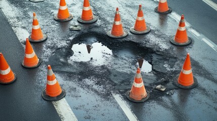 A dynamic scene of traffic cones surrounding a road repair area, with workers patching a pothole on asphalt pavement, highlighting the process of urban road maintenance.