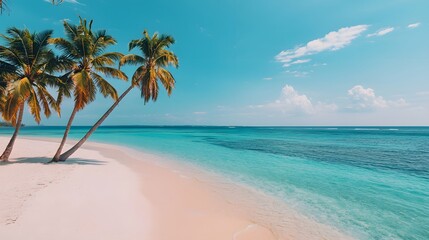 Wall Mural - A peaceful tropical beach scene featuring swaying palm trees, soft white sand, and brilliant turquoise waters, exuding tranquility and beauty. Real Beauty Landscape Concept