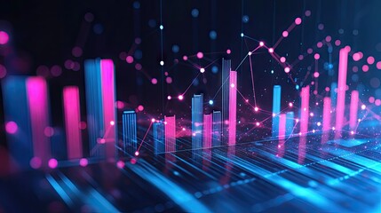 Poster - Business graph with bars representing profits and losses, connected by dots to illustrate trends. Digital style with modern,