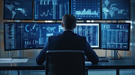 Poster - Businessman in a suit studying multiple monitors with real-time financial data, creating a strategy to improve company profits. Blank space for text.