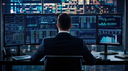 Poster - Businessman in a suit studying multiple monitors with real-time financial data, creating a strategy to improve company profits. Blank space for text.
