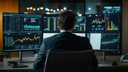 Poster - Businessman in a suit studying multiple monitors with real-time financial data, creating a strategy to improve company profits. Blank space for text.