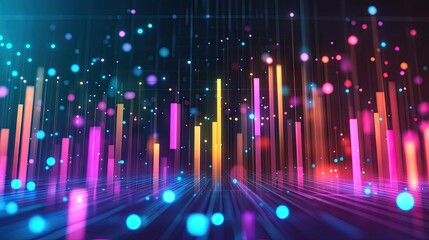 Poster - Colorful bar graph with rising and falling data, connected by dots, visualizing business performance in a modern, tech-inspired setting. Open copy space on right.