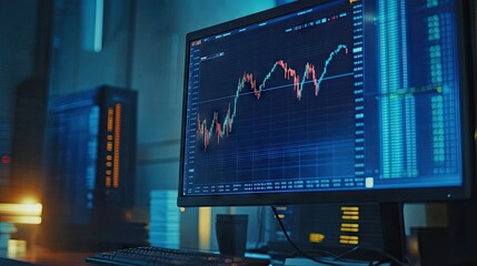 Poster - Computer monitor displaying technical analysis charts with volume indicators, used for professional stock trading and investment decisions.