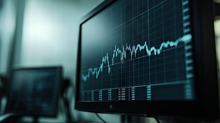 Poster - Computer monitor displaying technical analysis charts with volume indicators, used for professional stock trading and investment decisions.