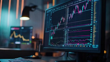 Poster - Computer screen featuring professional technical analysis with volume indicators, candlestick charts, and trend lines for stock trading. Open area for text.