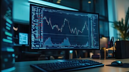 Poster - Detailed chart on a computer monitor with volume analysis and indicators, used for professional stock market analysis. Modern desk with copy space.