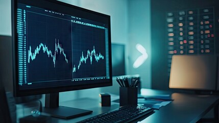 Poster - Detailed chart on a computer monitor with volume analysis and indicators, used for professional stock market analysis. Modern desk with copy space.