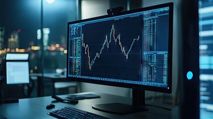 Poster - Detailed chart on a computer monitor with volume analysis and indicators, used for professional stock market analysis. Modern desk with copy space.