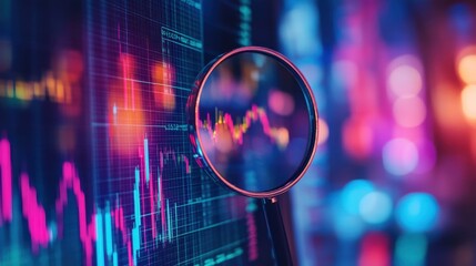 Poster - A magnifying glass examining financial data on a digital screen, symbolizing analytical research in the economy. The vibrant colors and detailed charts reflect a deep dive into financial insights.