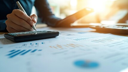 Poster - Entrepreneur working on financial planning with graphs, calculator, and documents, strategizing for future growth in business. Copy space to the side. -