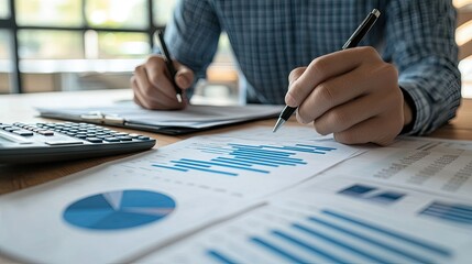 Poster - Entrepreneur working on financial planning with graphs, calculator, and documents, strategizing for future growth in business. Copy space to the side. -