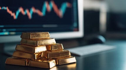Poster - Gold bars stacked on a desk next to a computer displaying charts for trading in the precious metals market. Investment strategy concept with copy space. -