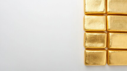 Poster - Gold bars stacked on a white background, symbolizing rising gold prices and increasing value in the precious metals market. Ample space for text.