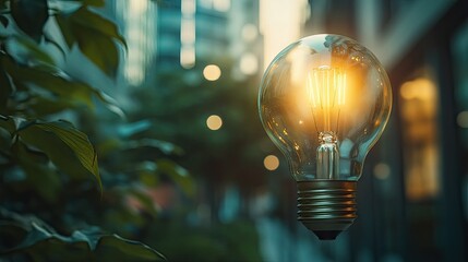 Green light bulb in an urban setting, symbolizing the transition to clean energy and the commitment of businesses to environmental protection and renewable initiatives.