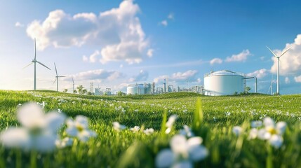 Green landscape with hydrogen production units and wind turbines, symbolizing the future of clean energy and the hydrogen industry. Open area for text.