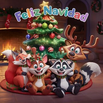 Feliz Navidad árbol de Navidad perro, gato y ciervo merry  Christmas dog and cat Winter tree Design Imágenes de perro, gato y ciervo en Navidad, 