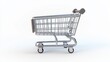 © ANYthinG - Modern, minimalist 3D shopping cart illustration against a white background, featuring sleek metallic frame and detailed wheels.