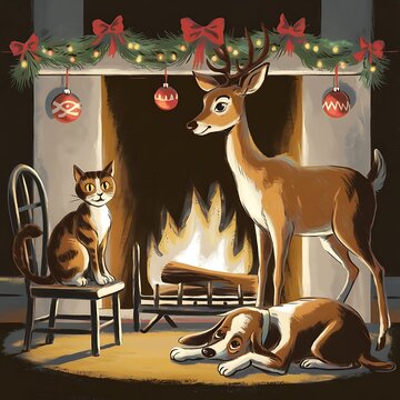 Feliz Navidad árbol de Navidad perro, gato y ciervo merry  Christmas dog and cat Winter tree Design Imágenes de perro, gato y ciervo en Navidad, 