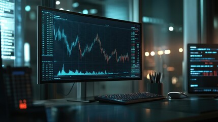 Poster - Monitor with detailed financial graphs and volume analysis, essential for professional technical analysis in stock trading. Ample blank space for text.