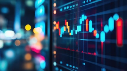 Poster - Monitor with detailed financial graphs and volume analysis, essential for professional technical analysis in stock trading. Ample blank space for text.