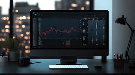 Poster - Monitor with detailed financial graphs and volume analysis, essential for professional technical analysis in stock trading. Ample blank space for text.