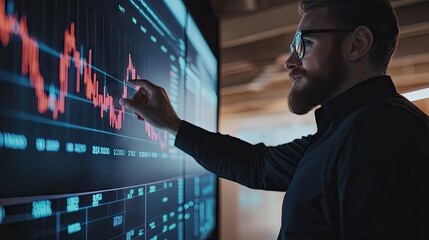 Poster - Professional trader pointing at rising stock market charts on a large screen, discussing strategy for company growth and profit increase. Copy space on right.