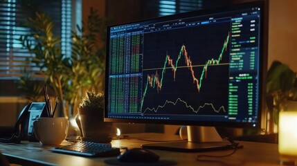 Poster - Professional trader monitor displaying stock charts with volume analysis, highlighting key indicators for market trends. Desk setup with room for business message.
