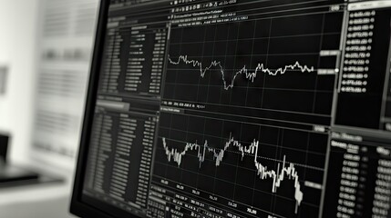 Poster - Professional trader monitor displaying stock charts with volume analysis, highlighting key indicators for market trends. Desk setup with room for business message.