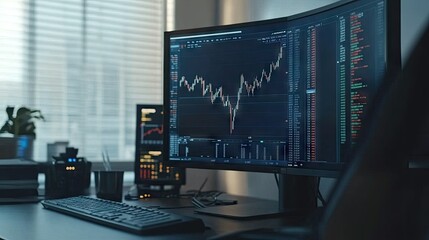 Poster - Professional trader monitor displaying stock charts with volume analysis, highlighting key indicators for market trends. Desk setup with room for business message.