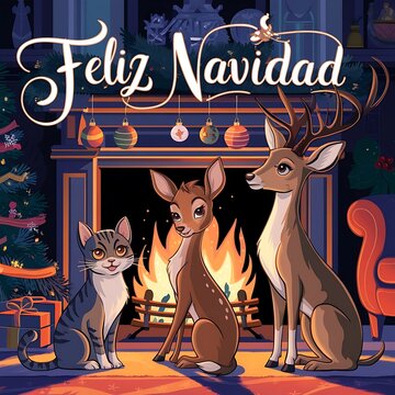 Feliz Navidad árbol de Navidad perro, gato y ciervo merry  Christmas dog and cat Winter tree Design Imágenes de perro, gato y ciervo en Navidad, 