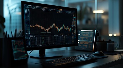 Poster - Screen showing volume analysis alongside other technical indicators, used by professionals to analyze market trends and stock performance. Modern desk with room for text.