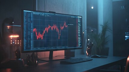 Poster - Screen showing volume analysis alongside other technical indicators, used by professionals to analyze market trends and stock performance. Modern desk with room for text.