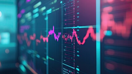 Poster - Trading platform on a computer screen showing technical indicators, including volume analysis, for evaluating stock market performance. Space for text on the side.