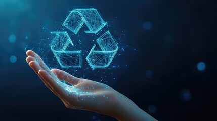 Poster - Visual of a hand supporting a glowing 3D wireframe recycle symbol, representing individual responsibility in adopting the principles of reuse,