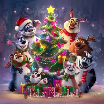 Feliz Navidad árbol de Navidad perro, gato y ciervo merry  Christmas dog and cat Winter tree Design Imágenes de perro, gato y ciervo en Navidad, 