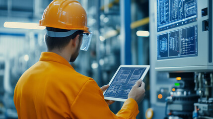 worker in orange safety uniform and helmet uses tablet to monitor production quality in modern industrial setting, showcasing focus on technology and safety