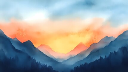 Watercolor orange blue landscape illustration poster background