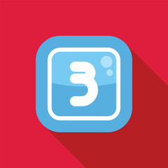 Poster - Number three on blue app button with long shadow on red background, suitable for use as an icon in web design